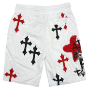 White shorts with black and red cross designs on a white background