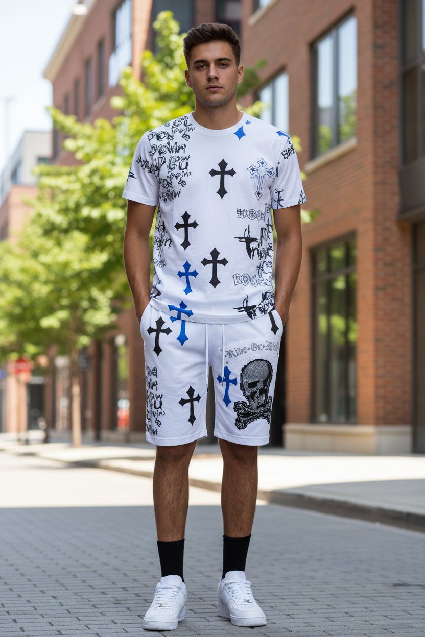 Person wearing white shorts with black and blue designs on a white background