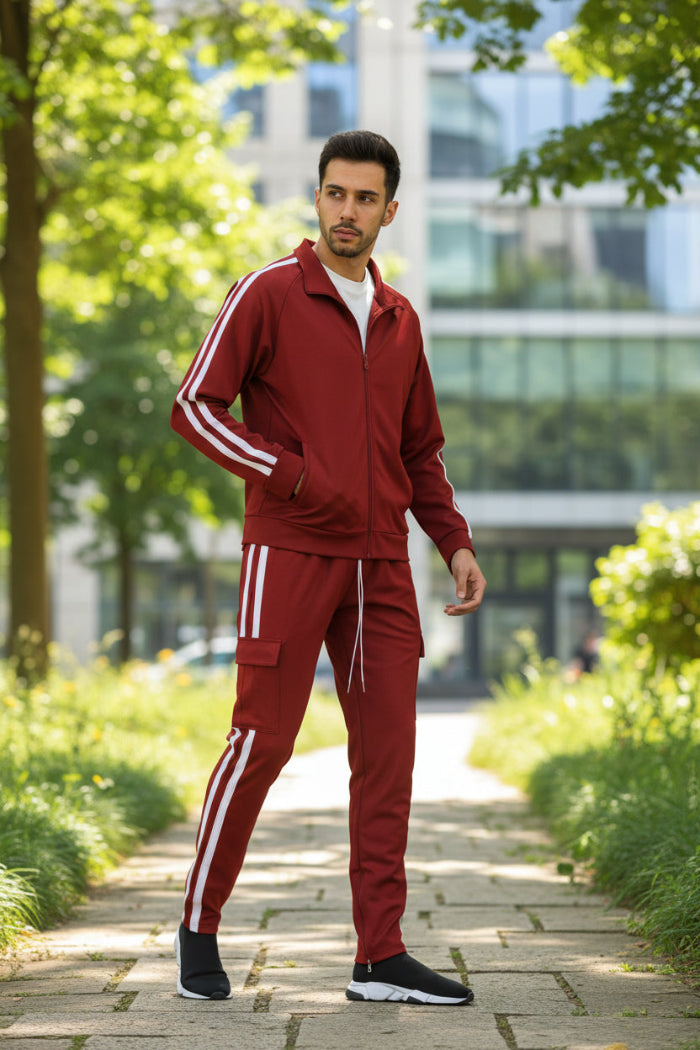 Red tracksuit with white stripes worn by a person  taken outside