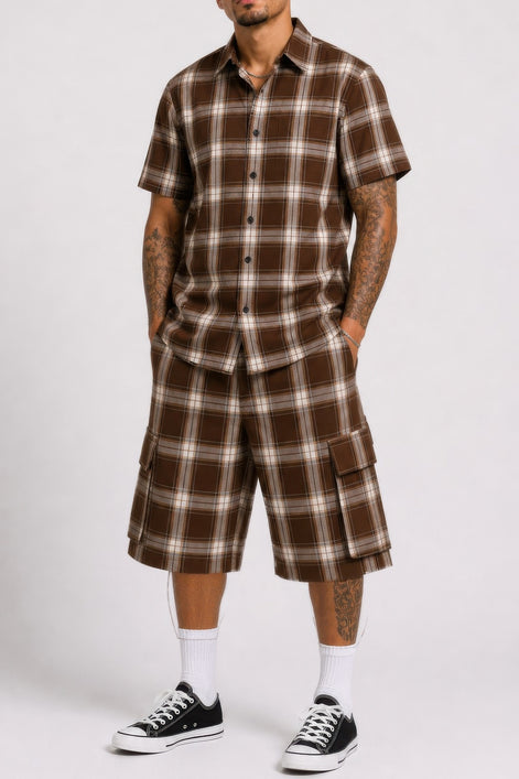 Buy Men’s 2-Piece Set | Checkered Shirt & Cargo Shorts Outfit