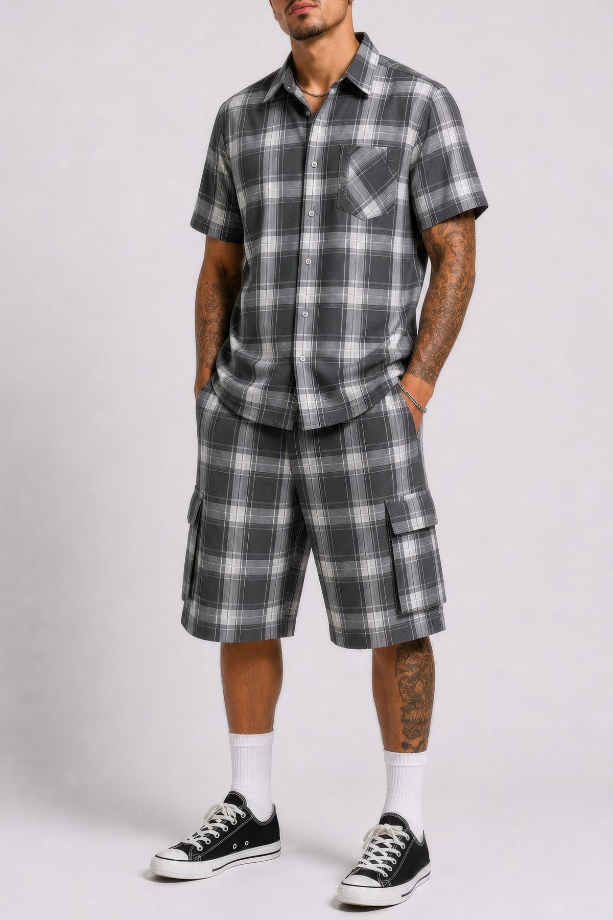 Buy Men’s 2-Piece Set | Checkered Shirt & Cargo Shorts Outfit