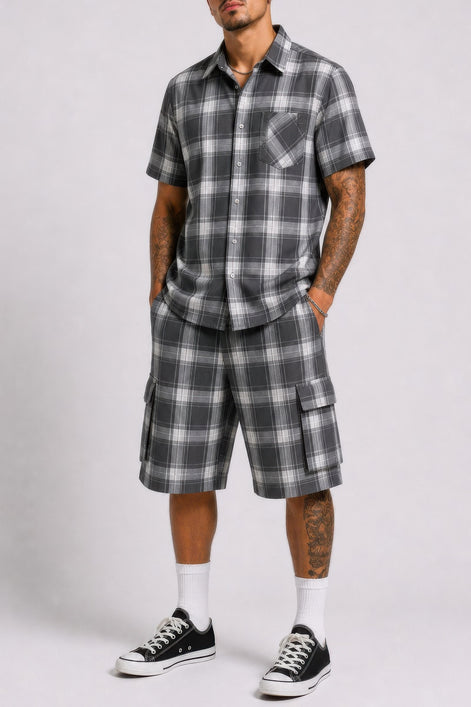 Buy Men’s 2-Piece Set | Checkered Shirt & Cargo Shorts Outfit