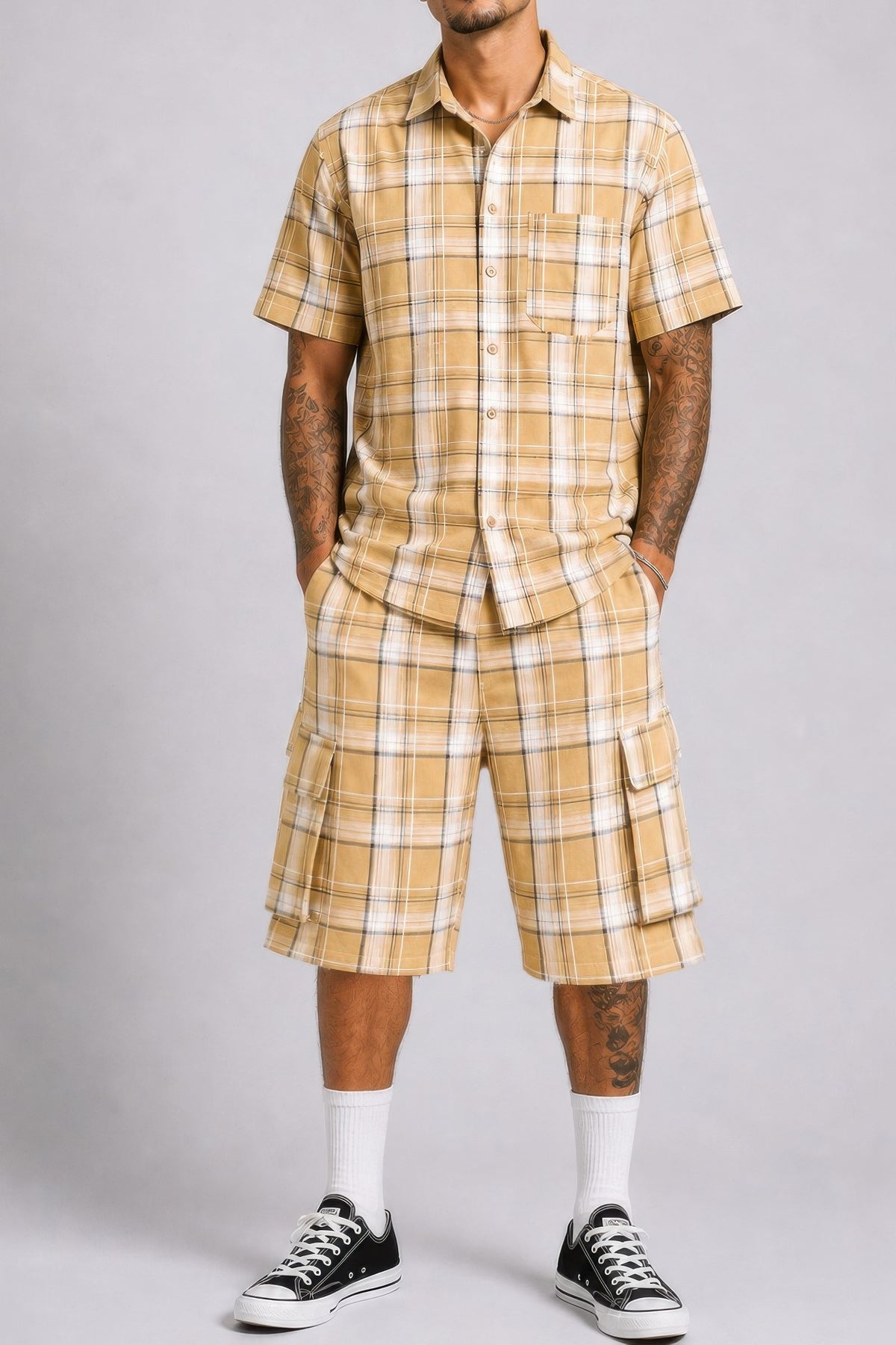 Buy Men’s 2-Piece Set | Checkered Shirt & Cargo Shorts Outfit