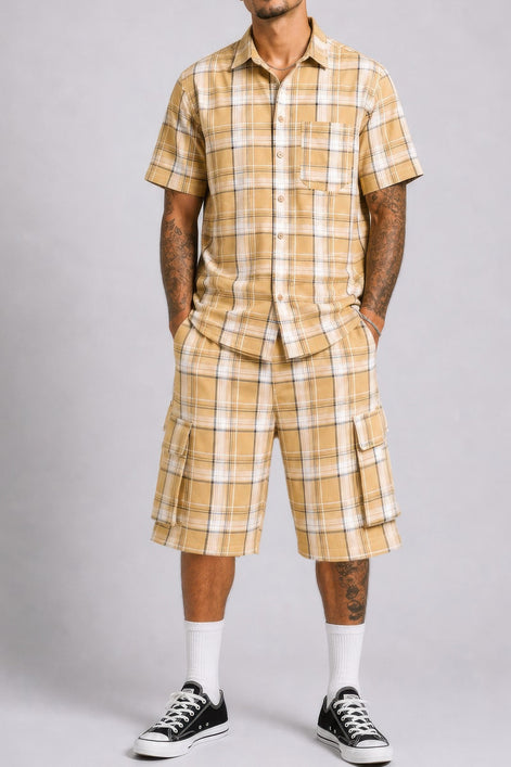 Buy Men’s 2-Piece Set | Checkered Shirt & Cargo Shorts Outfit