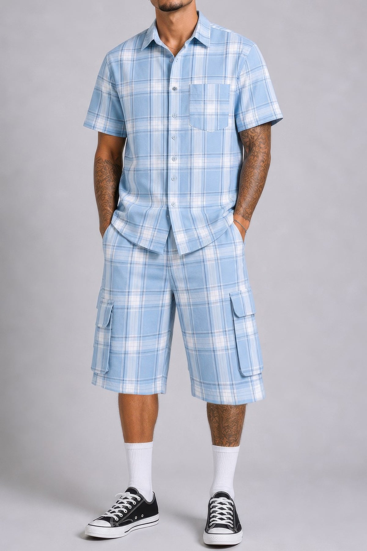 Buy Men’s 2-Piece Set | Checkered Shirt & Cargo Shorts Outfit
