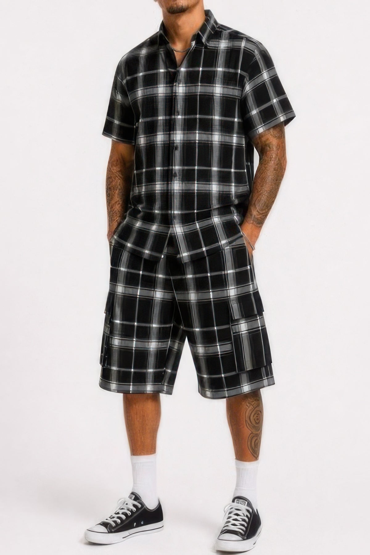 Buy Men’s 2-Piece Set | Checkered Shirt & Cargo Shorts Outfit