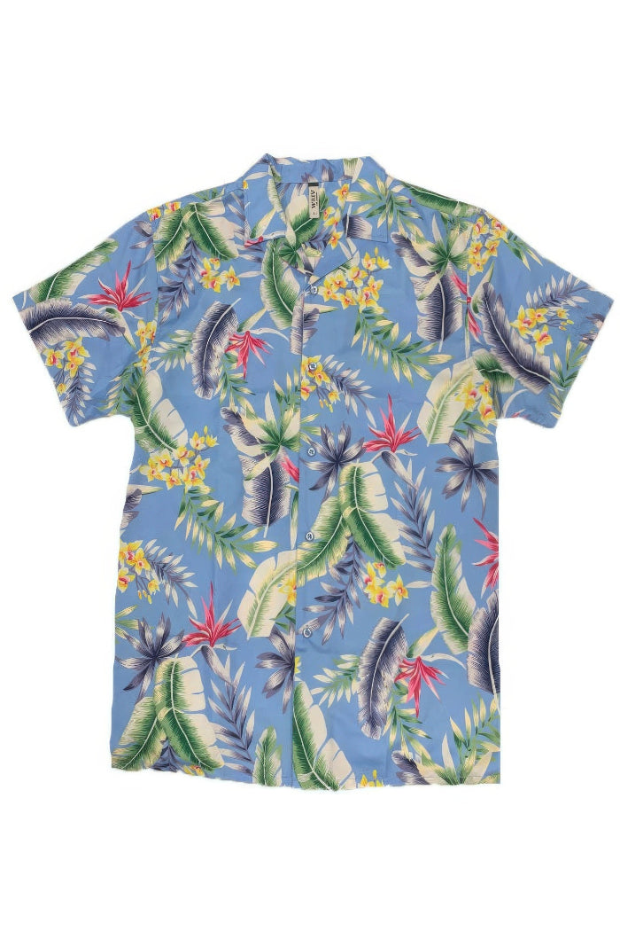 A short-sleeve button-up camp shirt with a tropical leaf and flower print on a light blue background, displayed flat against a white background.