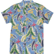 A short-sleeve button-up camp shirt with a tropical leaf and flower print on a light blue background, displayed flat against a white background.