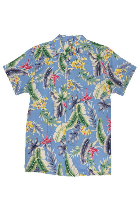 A short-sleeve button-up camp shirt with a tropical leaf and flower print on a light blue background, displayed flat against a white background.