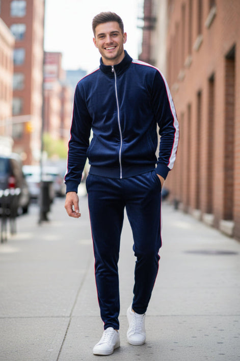 A man modeling a matching navy blue velvet tracksuit with white piping details, featuring a zip-up jacket and matching pants, 