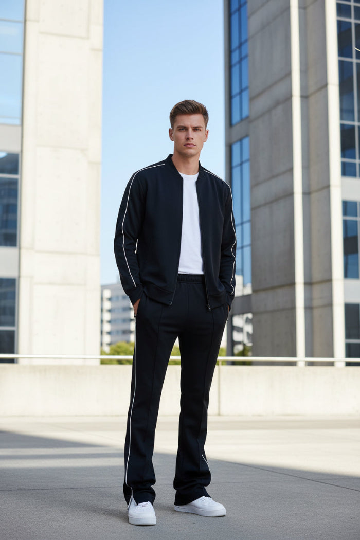Black pants with white stripes taken outside