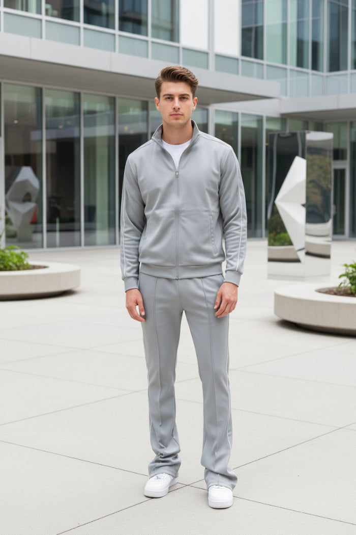 Light gray pants with white stripes taken outside