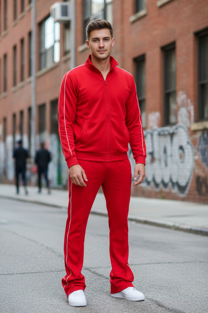 Red tracksuit with white stripes  taken outside