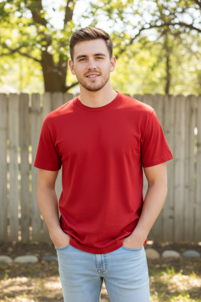 Man wearing a red t-shirt and light blue jeans on a white background