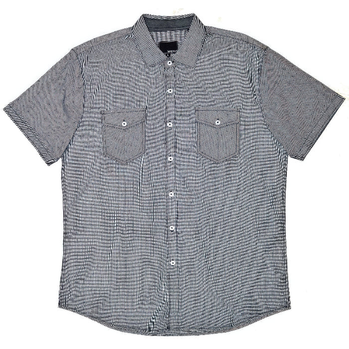 A short-sleeve button-up shirt in a gray and white micro-check pattern, featuring two chest pockets with button flaps and white buttons, laid flat against a white background.