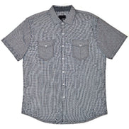 A short-sleeve button-up shirt in a gray and white micro-check pattern, featuring two chest pockets with button flaps 