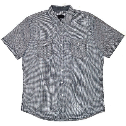 A short-sleeve button-up shirt in a gray and white micro-check pattern, featuring two chest pockets with button flaps 