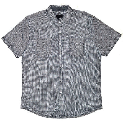 A short-sleeve button-up shirt in a gray and white micro-check pattern, featuring two chest pockets with button flaps 