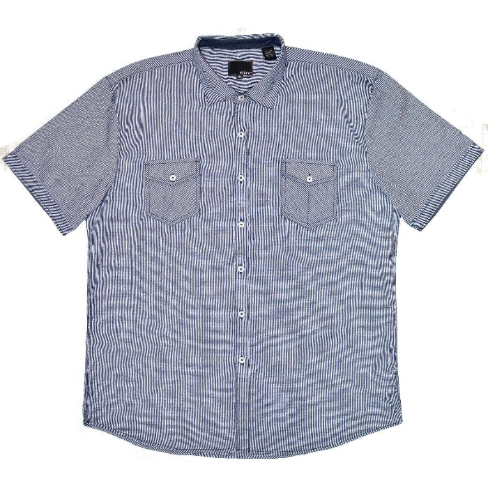 A short-sleeve button-up shirt in a light blue and white micro-check pattern, featuring two chest pockets and white buttons, laid flat against a white background.