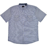 A short-sleeve button-up shirt in a light blue and white micro-check pattern, featuring two chest pockets 