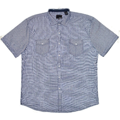 A short-sleeve button-up shirt in a light blue and white micro-check pattern, featuring two chest pockets 