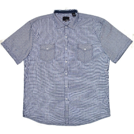 A short-sleeve button-up shirt in a light blue and white micro-check pattern, featuring two chest pockets 