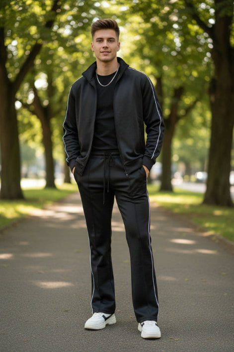 Black tracksuit with white stripes on a outside