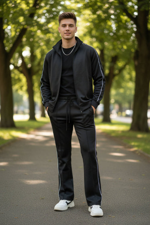 Black tracksuit with white stripes on a outside