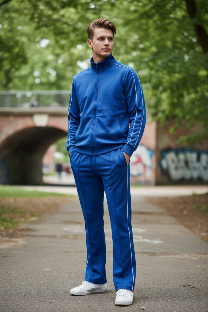Blue tracksuit with white piping outside