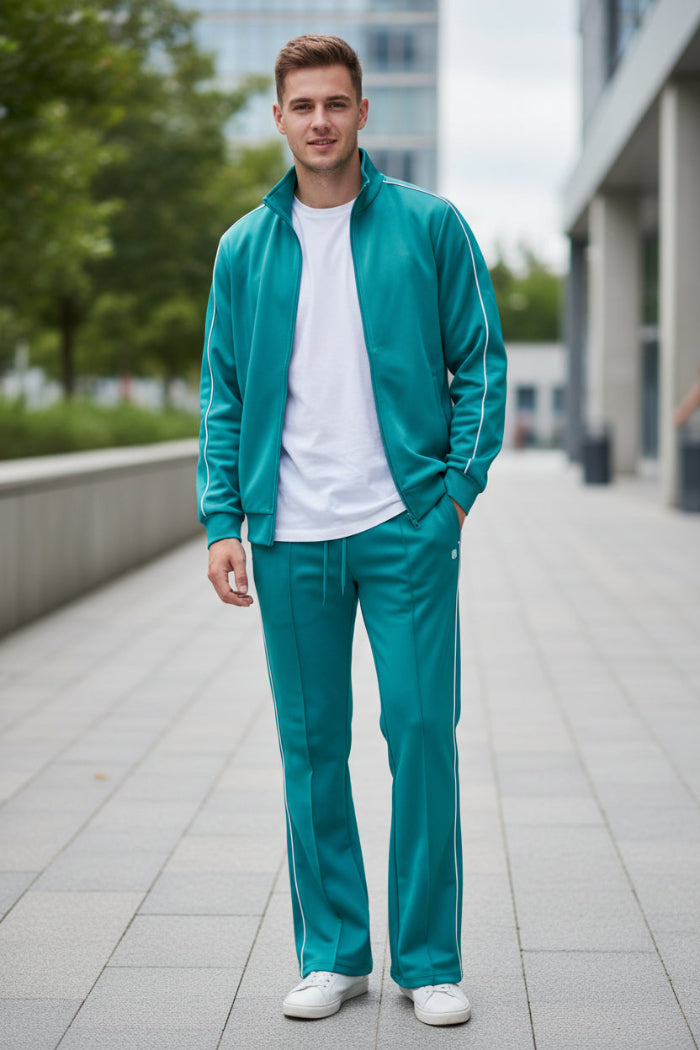 Teal tracksuit with white piping on a  outside