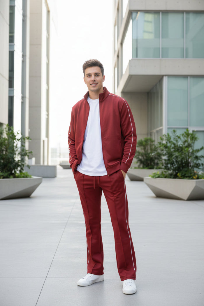 Red tracksuit with white piping on a  outside