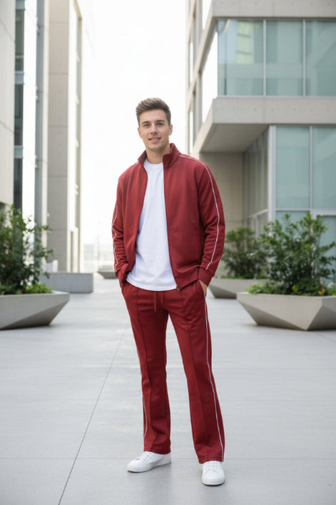 Red tracksuit with white piping on a  outside