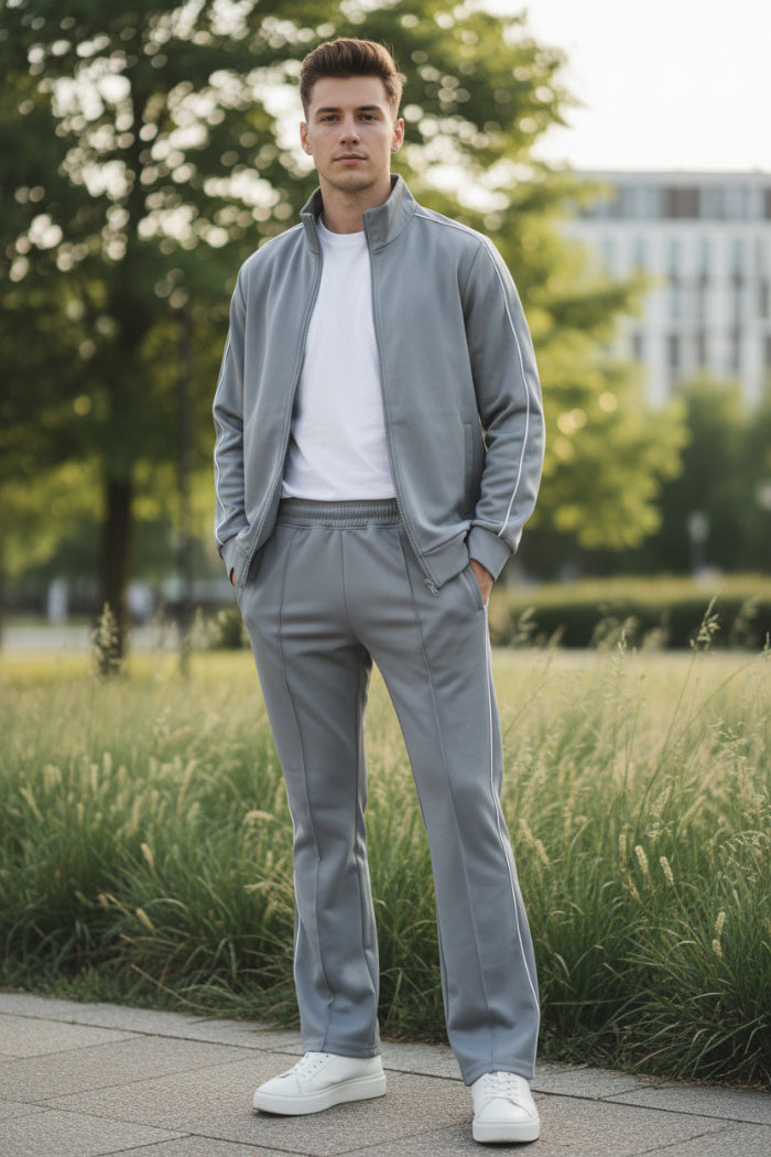 Gray tracksuit with white piping on a  outside