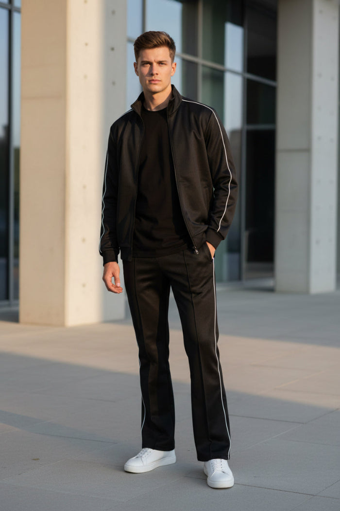 Black tracksuit with white stripes on outside