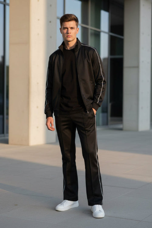 Black tracksuit with white stripes on outside