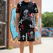 Person wearing a black outfit with skull and crossbones design  outside