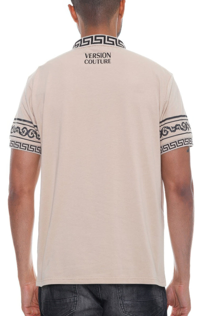Beige polo shirt with brand logo on a white background