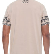 Beige polo shirt with brand logo on a white background