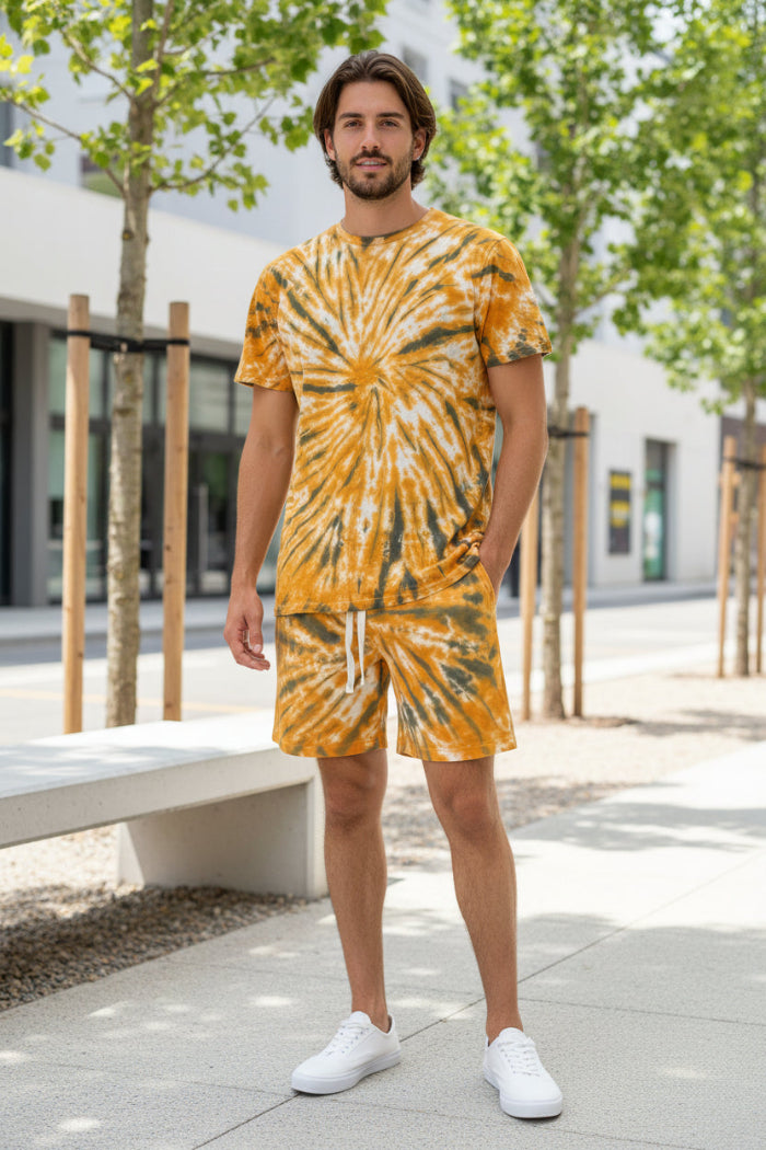 Person wearing a tie-dye outfit  outside