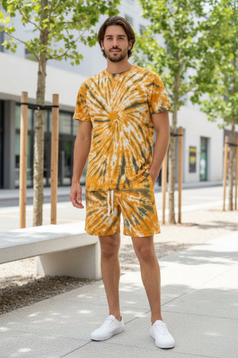 Person wearing a tie-dye outfit  outside