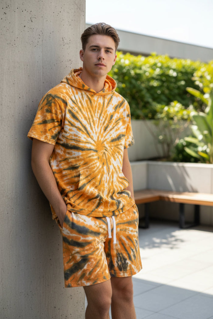 Tie-dye t-shirt and shorts set with orange and black pattern  outside
