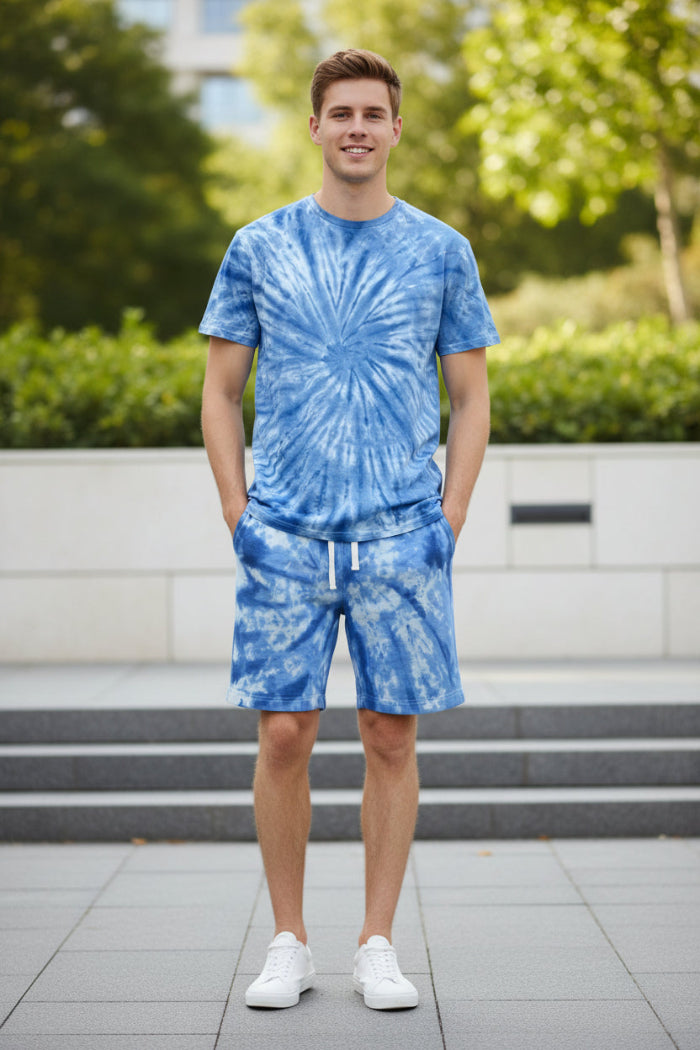 Blue and white tie-dye t-shirt and shorts set  outside