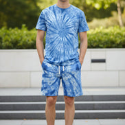 Blue and white tie-dye t-shirt and shorts set  outside