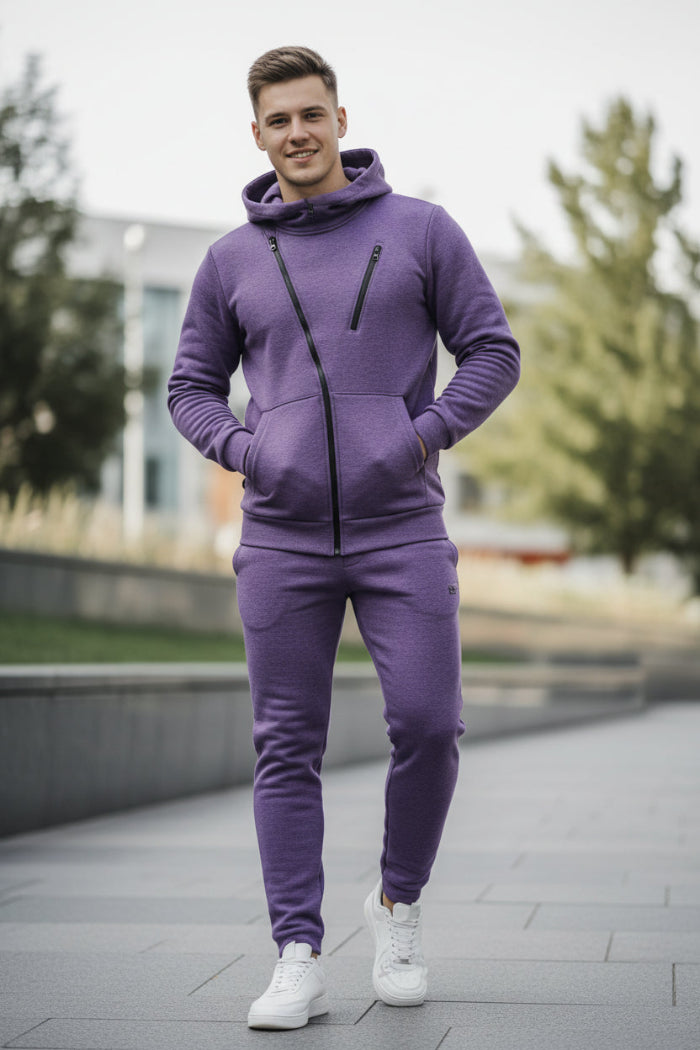 Person wearing a purple tracksuit taken outside
