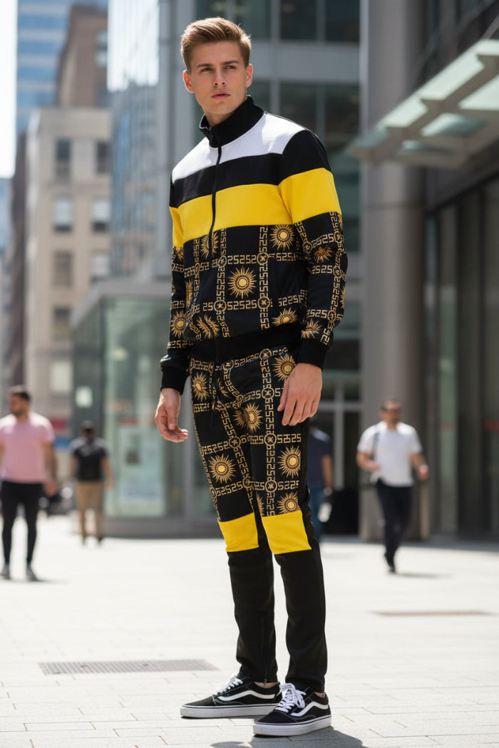Man wearing a black and yellow patterned outfit on a taken outside