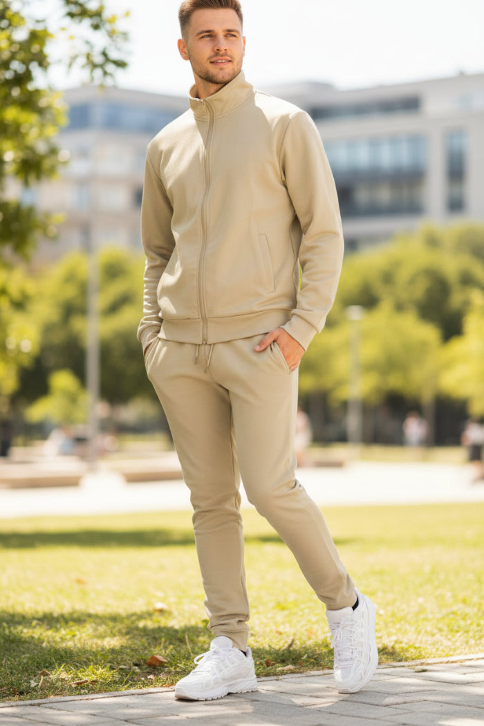 Full Zip-Up Solid Track Jacket Set | Men’s 2-Piece Casual Outfit