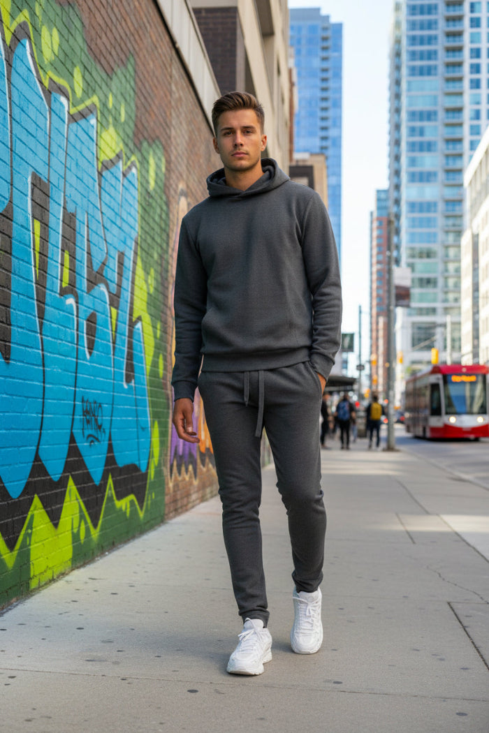 Man wearing a gray tracksuit with white sneakers outside