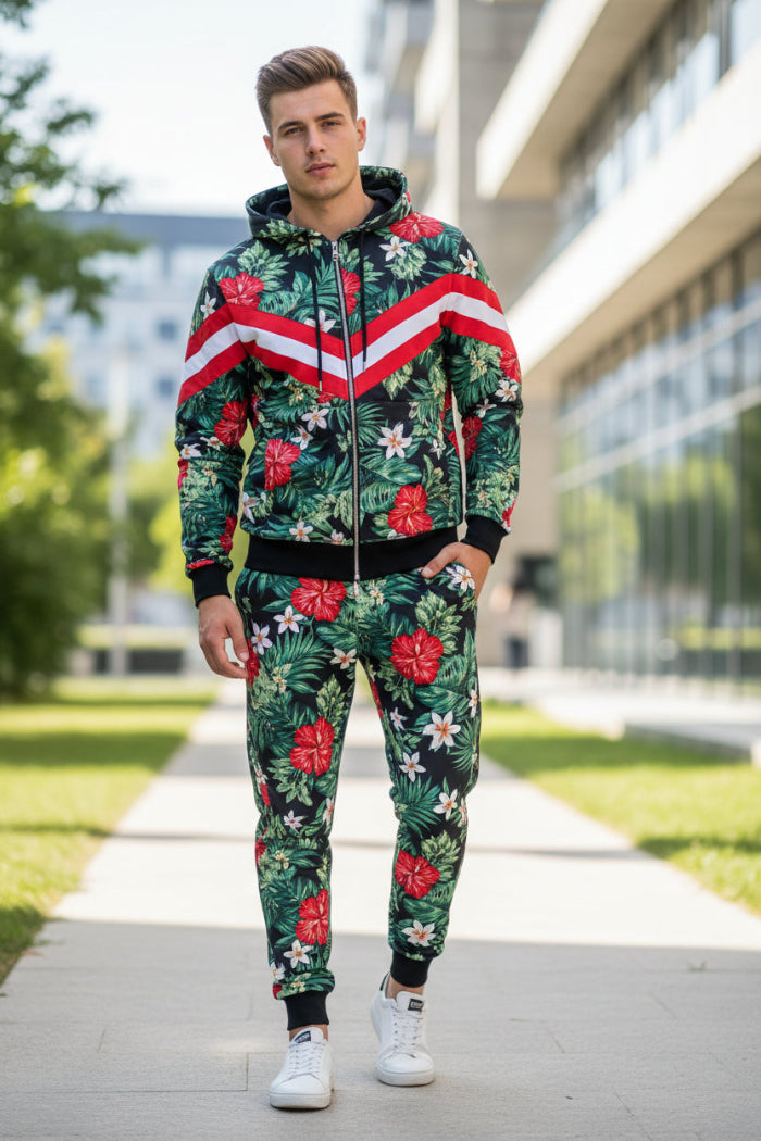 Person wearing a black hoodie with colorful tropical leaf pattern  tken outside