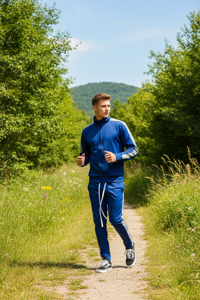 Man wearing a blue tracksuit with white stripes  taken outside