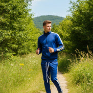 Man wearing a blue tracksuit with white stripes  taken outside